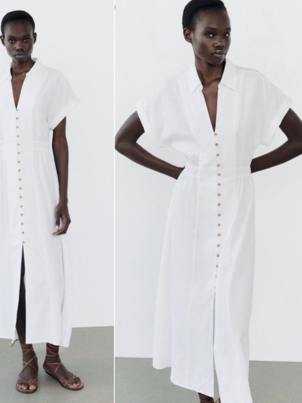 Zara White Linen Button-Down Maxi Shirt Dress